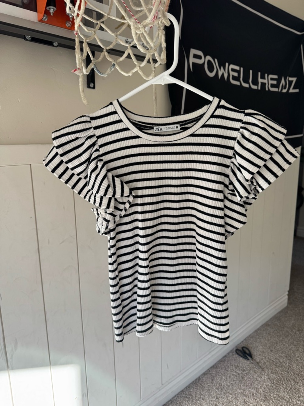 Zara Black and White Striped Ruffle Sleeve Tee
